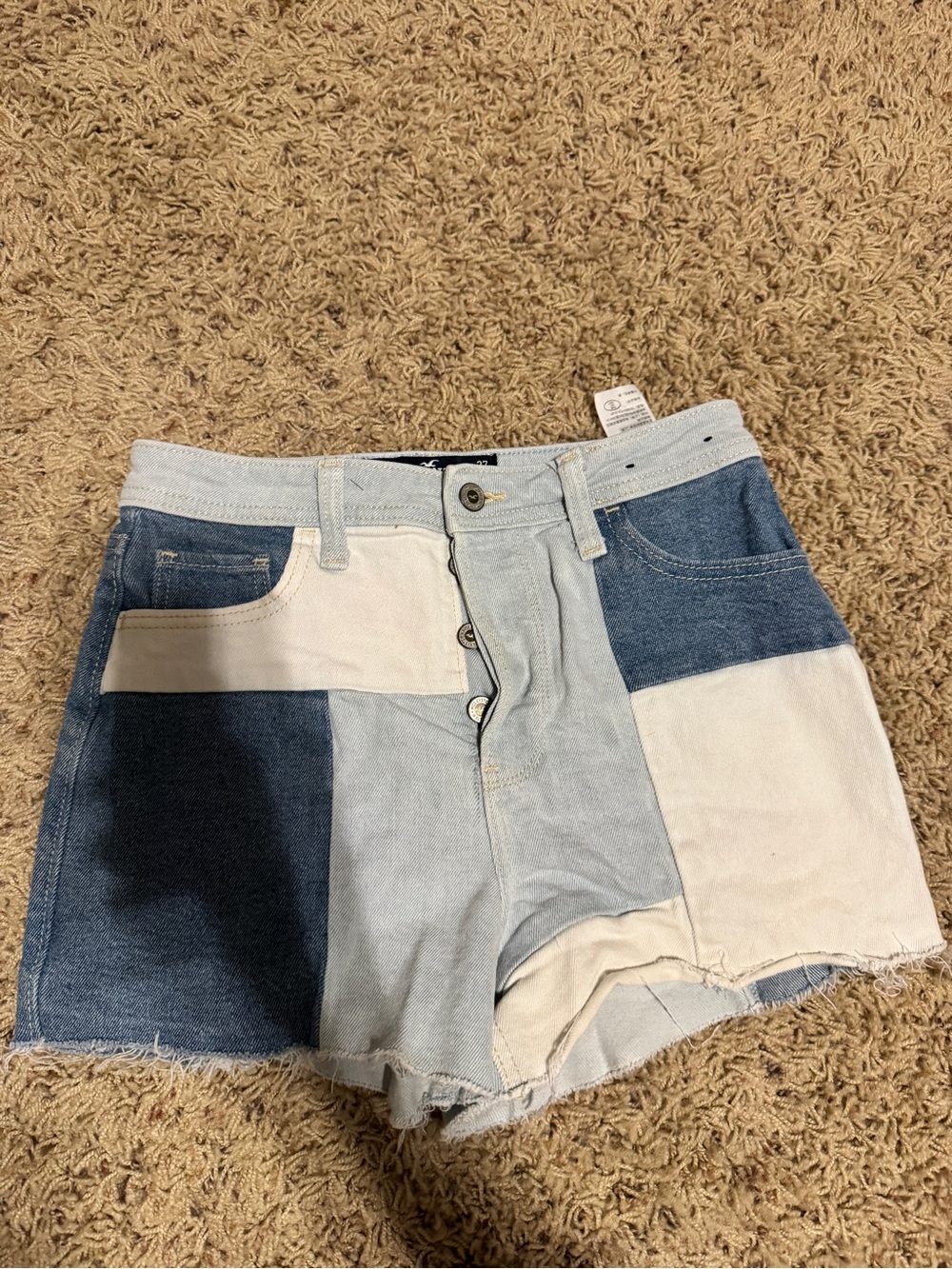 Hollister Two-Tone Patchwork Denim Shorts in Light and Dark Blue